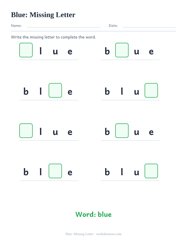 Sight word “blue” worksheet, missing letter printable activity