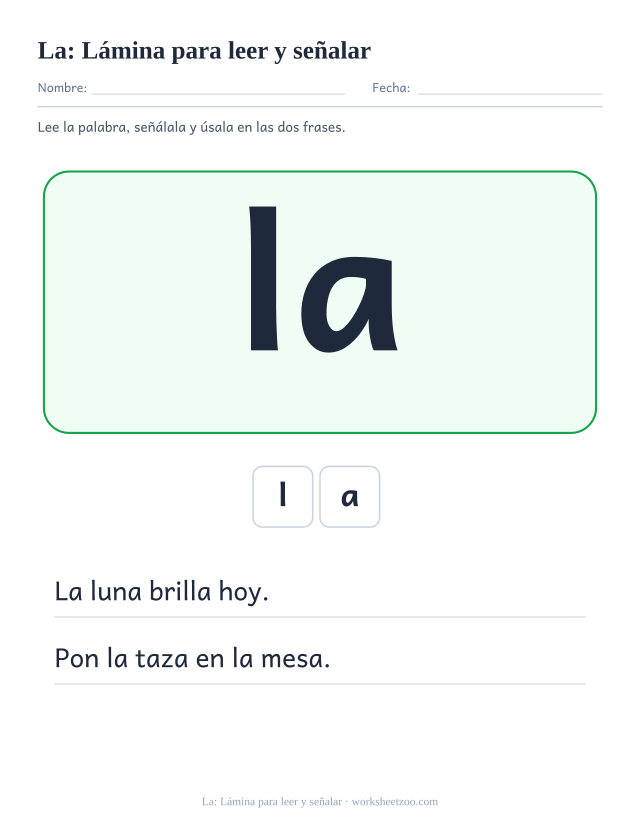 Ficha de la palabra frecuente «la», lámina para leer y señalar para imprimir