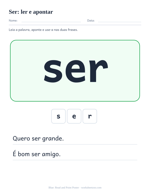 Prévia da palavra frequente “ser”, ler e apontar