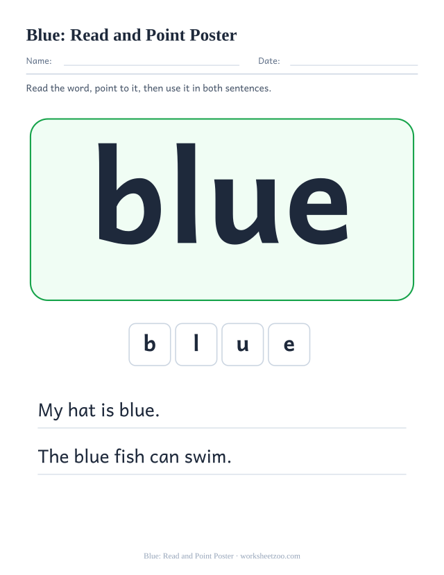Sight word “blue” worksheet, read and point poster printable activity