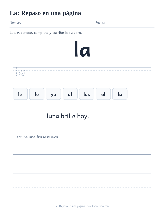 Ficha de la palabra frecuente «la», repaso en una página para imprimir