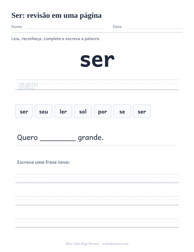 Prévia da palavra frequente “ser”, revisão em uma página