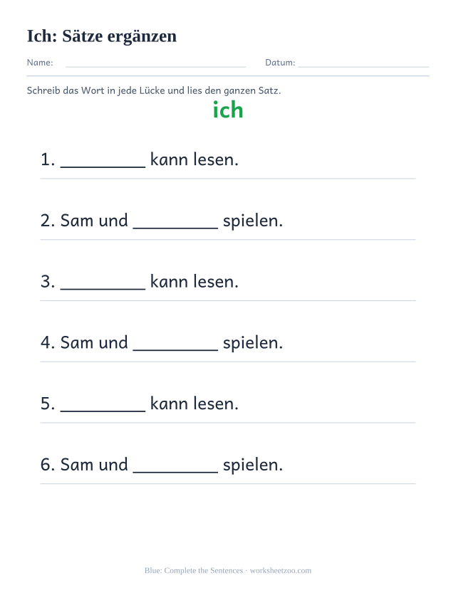 Vorschau: häufiges Wort „ich“, Sätze ergänzen