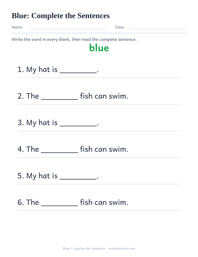 Sight word “blue” worksheet, complete the sentences printable activity
