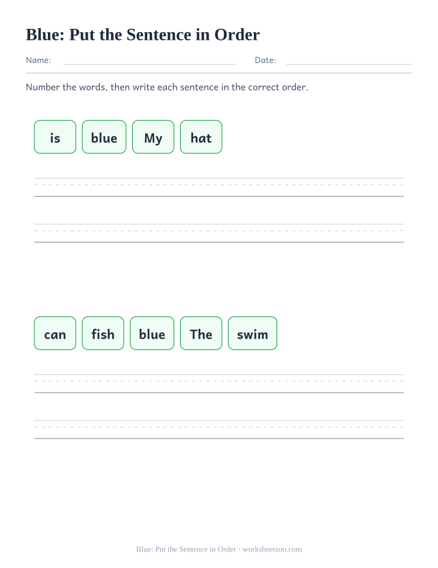 Sight word “blue” worksheet, put the sentence in order printable activity