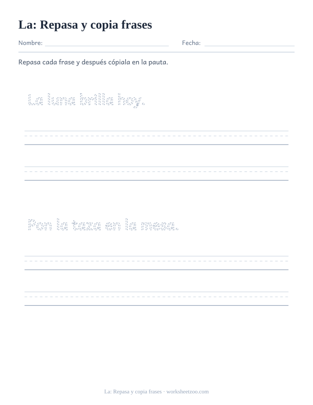Ficha de la palabra frecuente «la», repasa y copia frases para imprimir