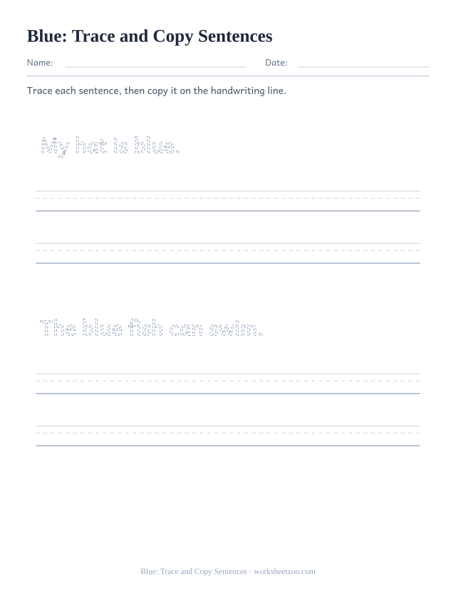 Sight word “blue” worksheet, trace and copy sentences printable activity
