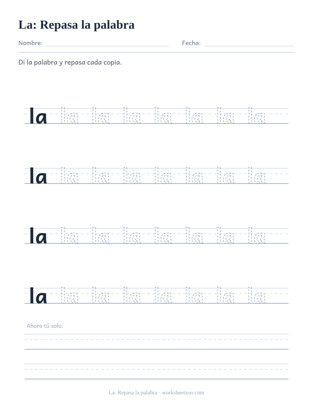 Ficha de la palabra frecuente «la», repasa la palabra para imprimir
