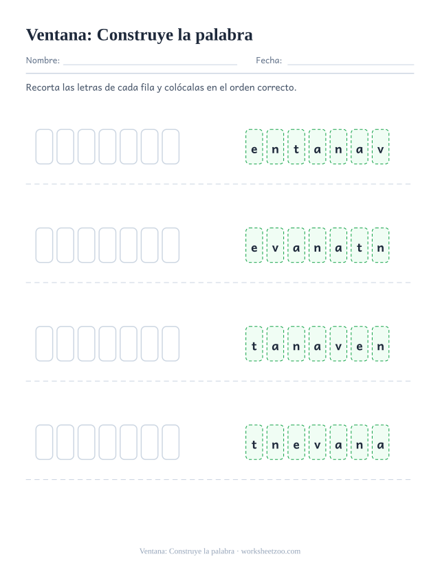 Ficha de la palabra frecuente «ventana», construye la palabra para imprimir