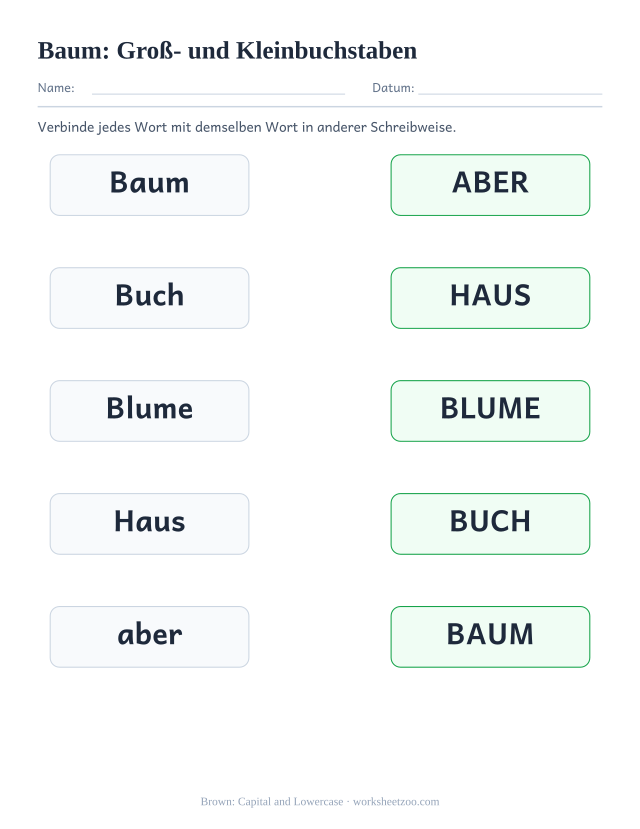 Vorschau: häufiges Wort „Baum“, Groß- und Kleinbuchstaben