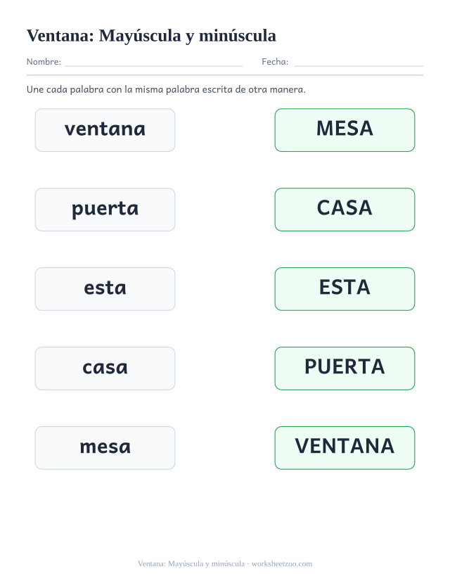 Ficha de la palabra frecuente «ventana», mayúscula y minúscula para imprimir