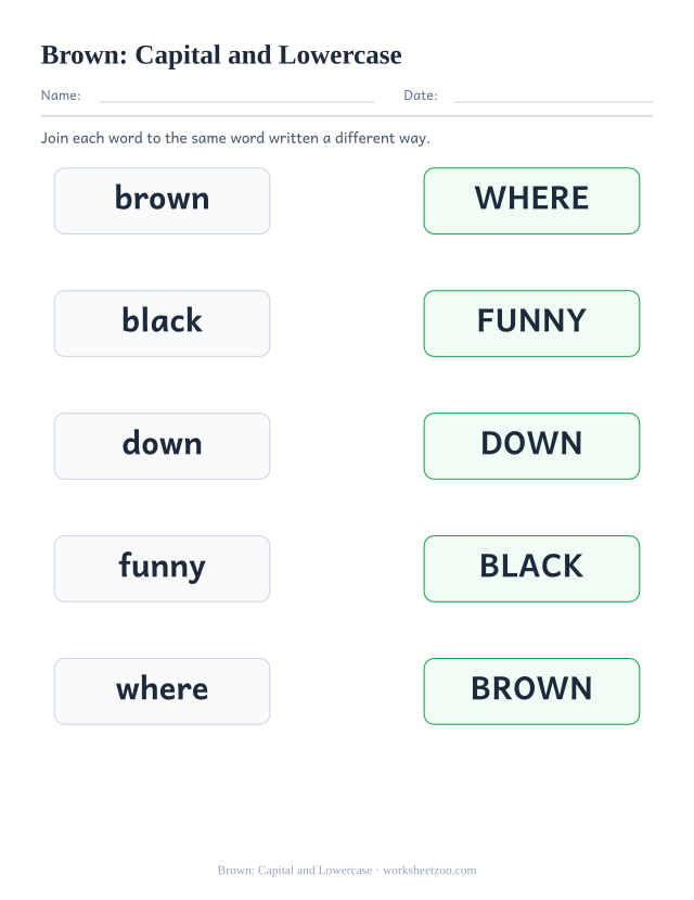 Sight word “brown” worksheet, capital and lowercase printable activity