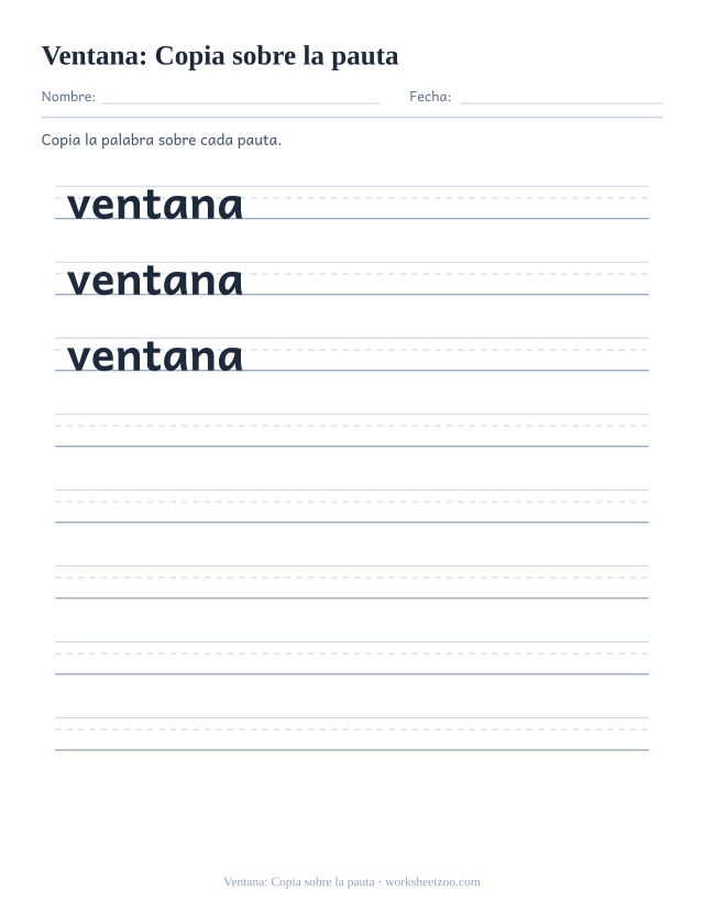 Ficha de la palabra frecuente «ventana», copia sobre la pauta para imprimir