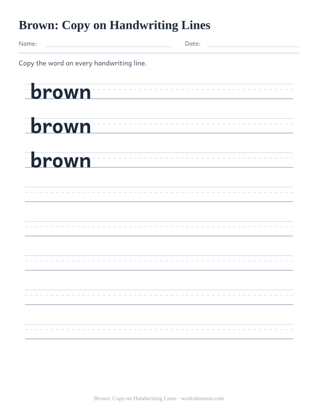 Sight word “brown” worksheet, copy on handwriting lines printable activity
