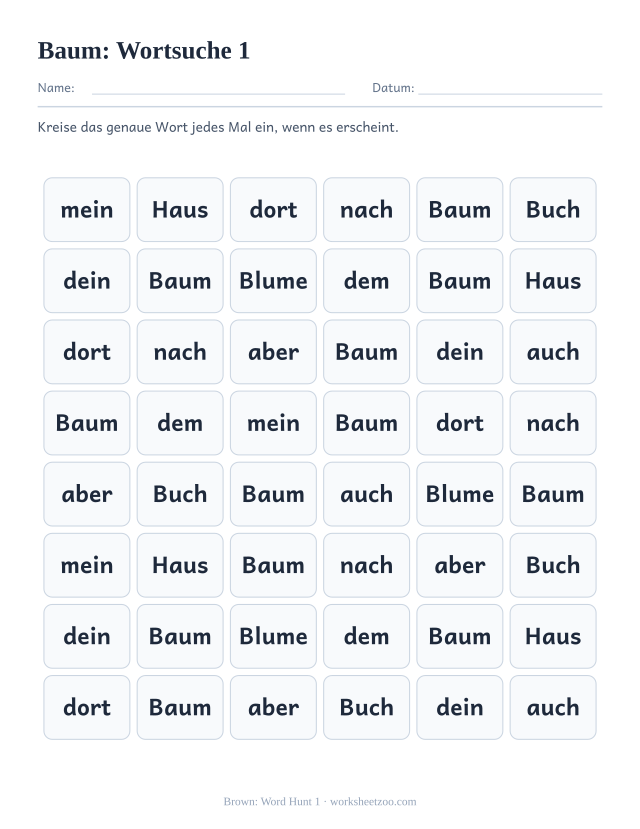 Vorschau: häufiges Wort „Baum“, Wortsuche 1