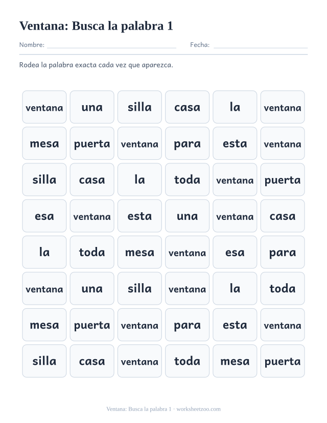 Ficha de la palabra frecuente «ventana», busca la palabra 1 para imprimir