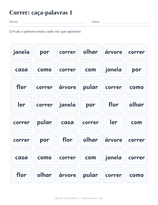 Prévia da palavra frequente “correr”, caça-palavras 1