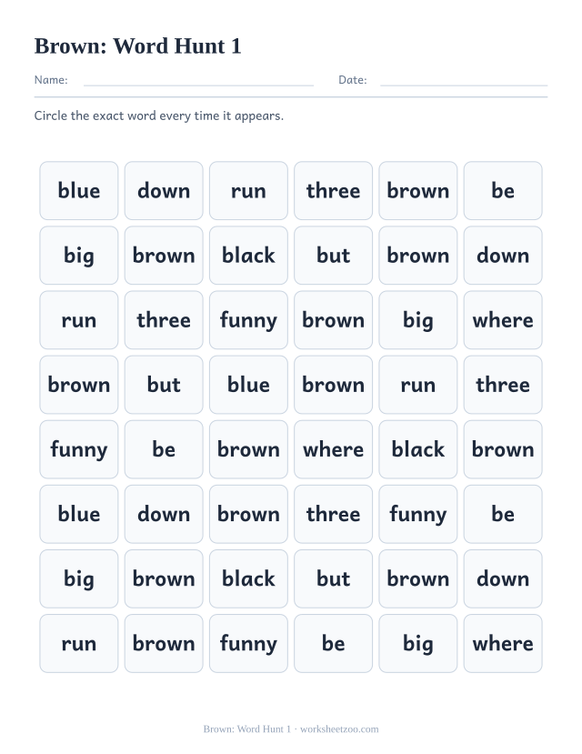 Sight word “brown” worksheet, word hunt 1 printable activity