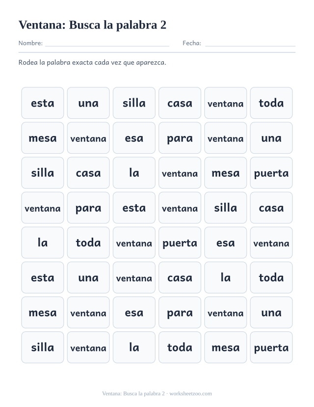 Ficha de la palabra frecuente «ventana», busca la palabra 2 para imprimir