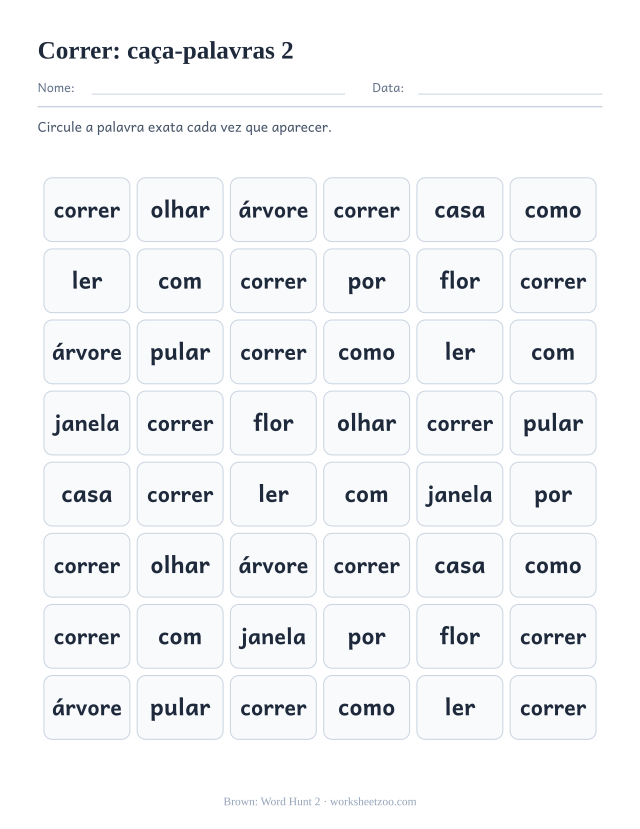 Prévia da palavra frequente “correr”, caça-palavras 2