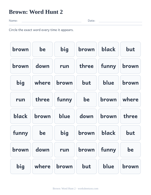 Sight word “brown” worksheet, word hunt 2 printable activity