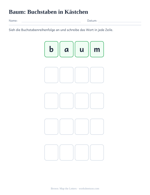 Vorschau: häufiges Wort „Baum“, Buchstaben in Kästchen