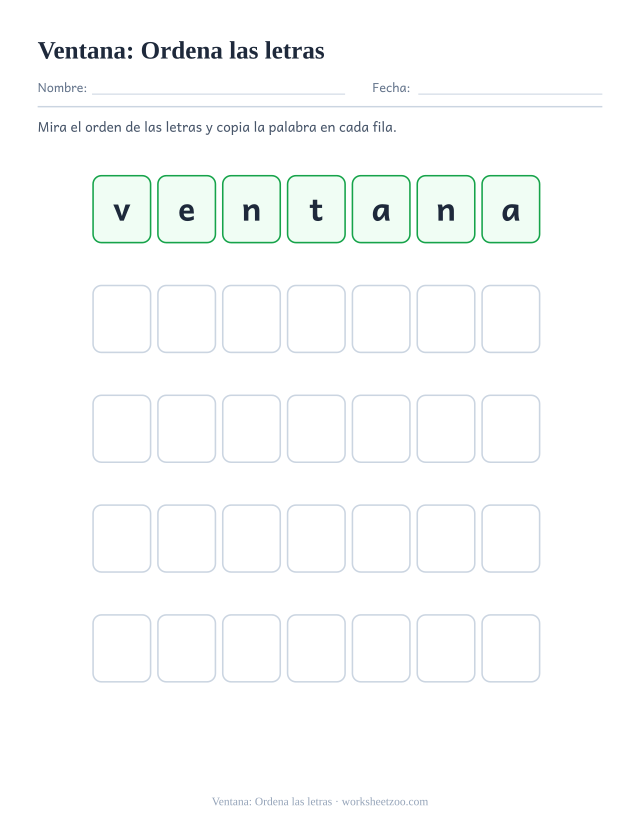 Ficha de la palabra frecuente «ventana», ordena las letras para imprimir
