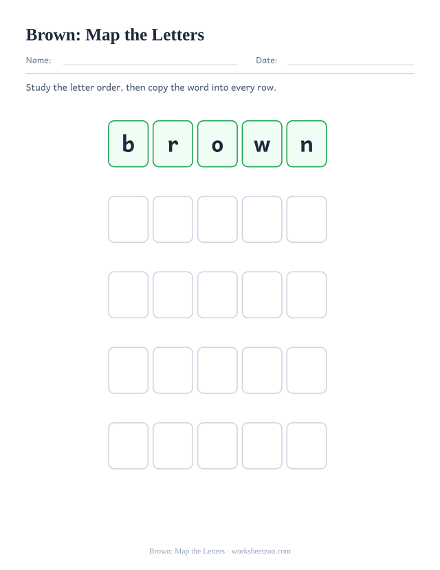 Sight word “brown” worksheet, map the letters printable activity