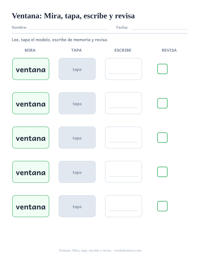 Ficha de la palabra frecuente «ventana», mira, tapa, escribe y revisa para imprimir