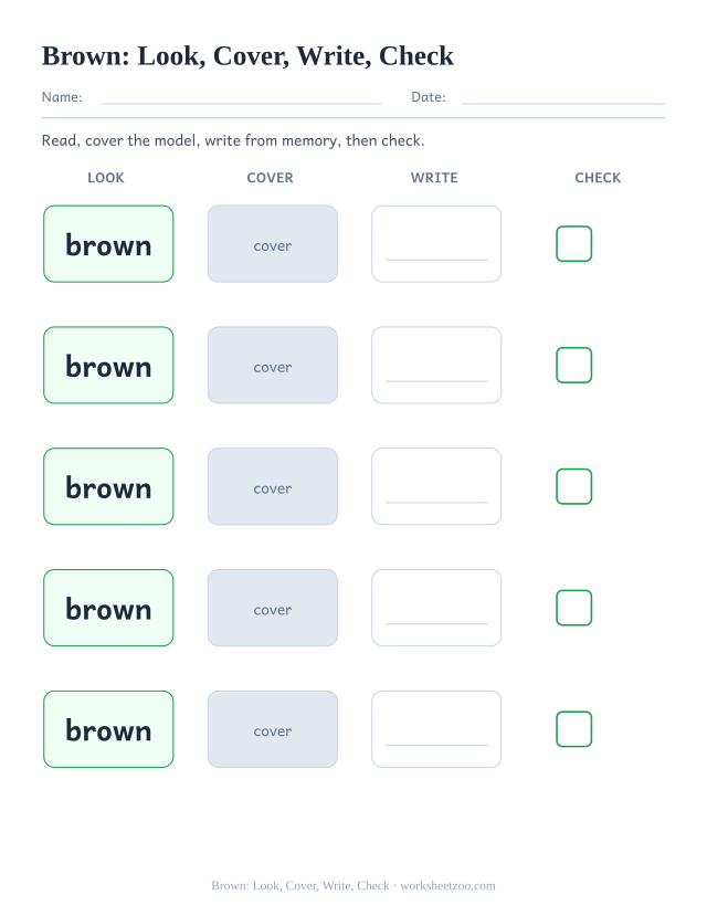 Sight word “brown” worksheet, look, cover, write, check printable activity
