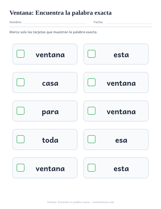 Ficha de la palabra frecuente «ventana», encuentra la palabra exacta para imprimir