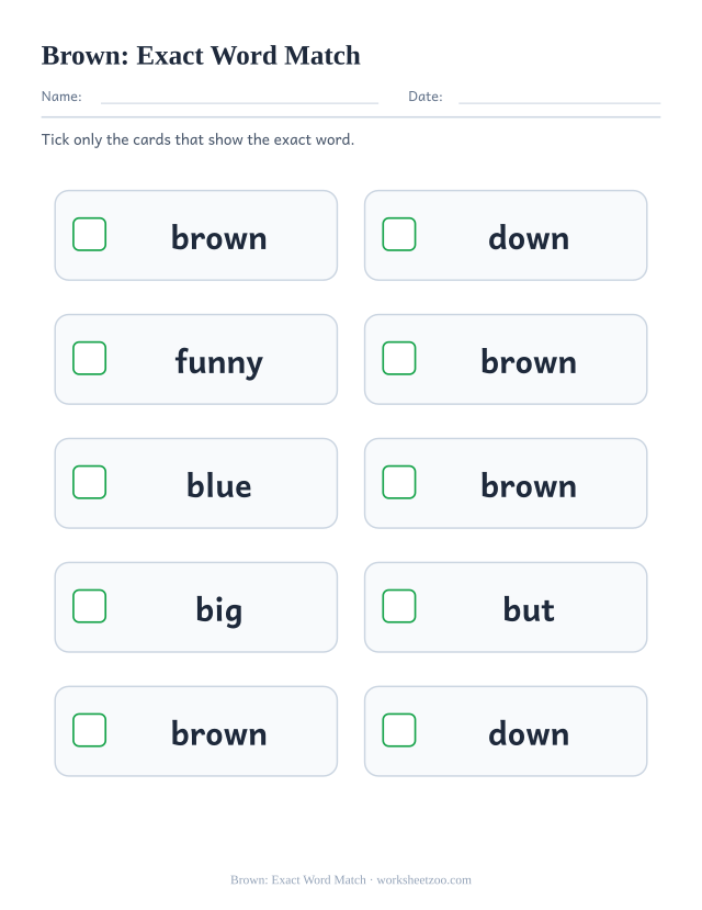 Sight word “brown” worksheet, exact word match printable activity