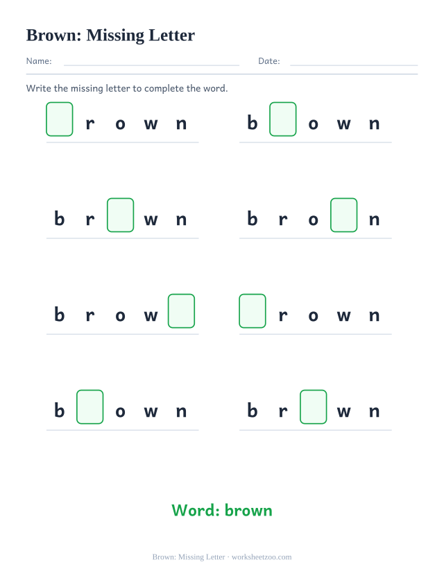 Sight word “brown” worksheet, missing letter printable activity