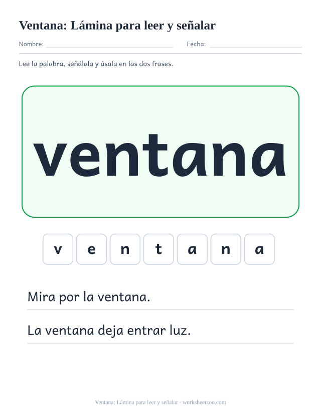 Ficha de la palabra frecuente «ventana», lámina para leer y señalar para imprimir