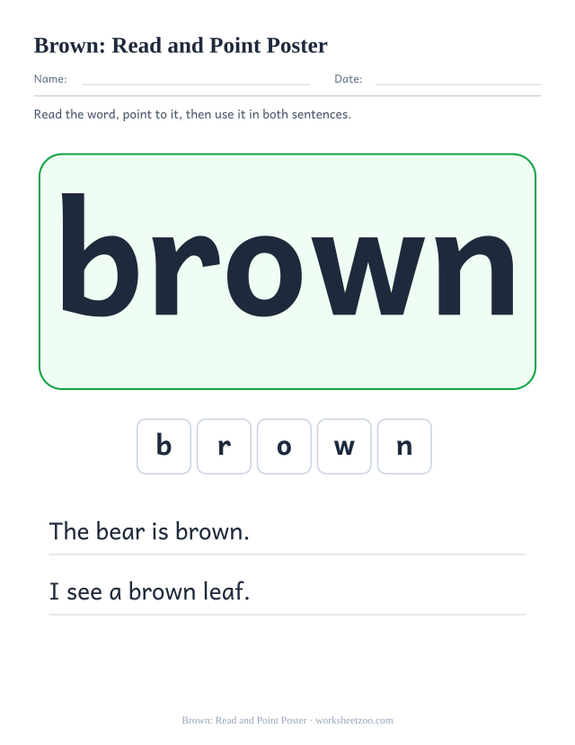 Sight word “brown” worksheet, read and point poster printable activity