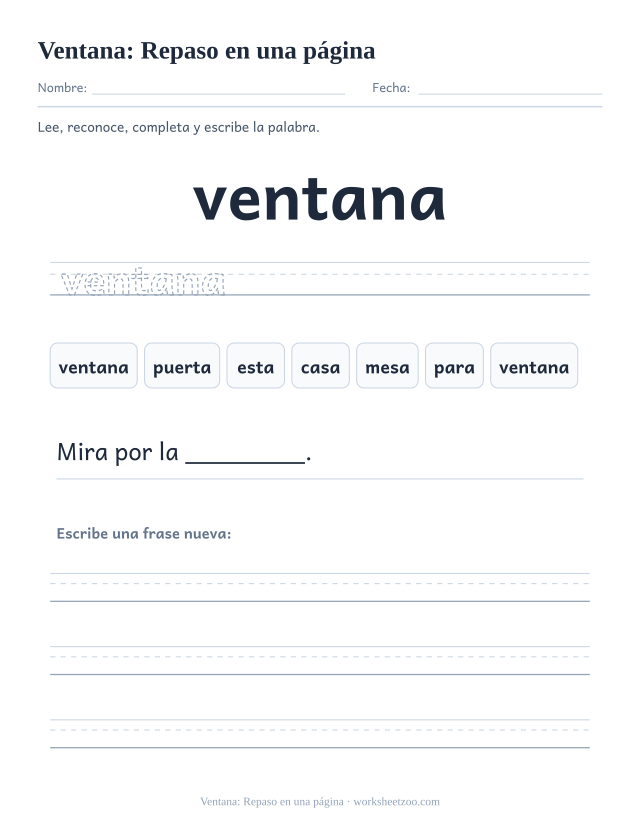 Ficha de la palabra frecuente «ventana», repaso en una página para imprimir