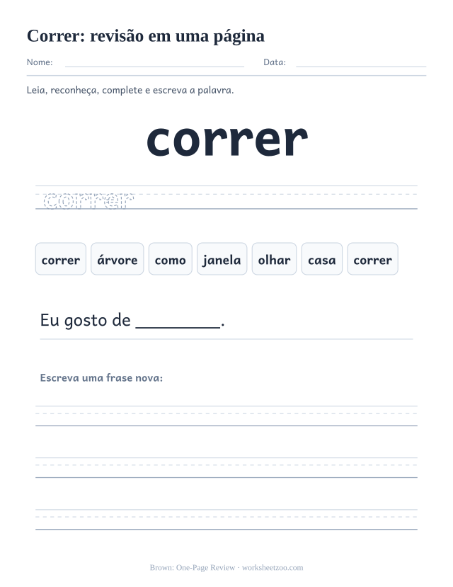 Prévia da palavra frequente “correr”, revisão em uma página