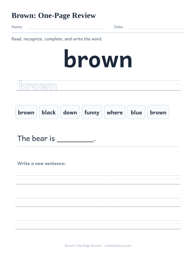 Sight word “brown” worksheet, one-page review printable activity