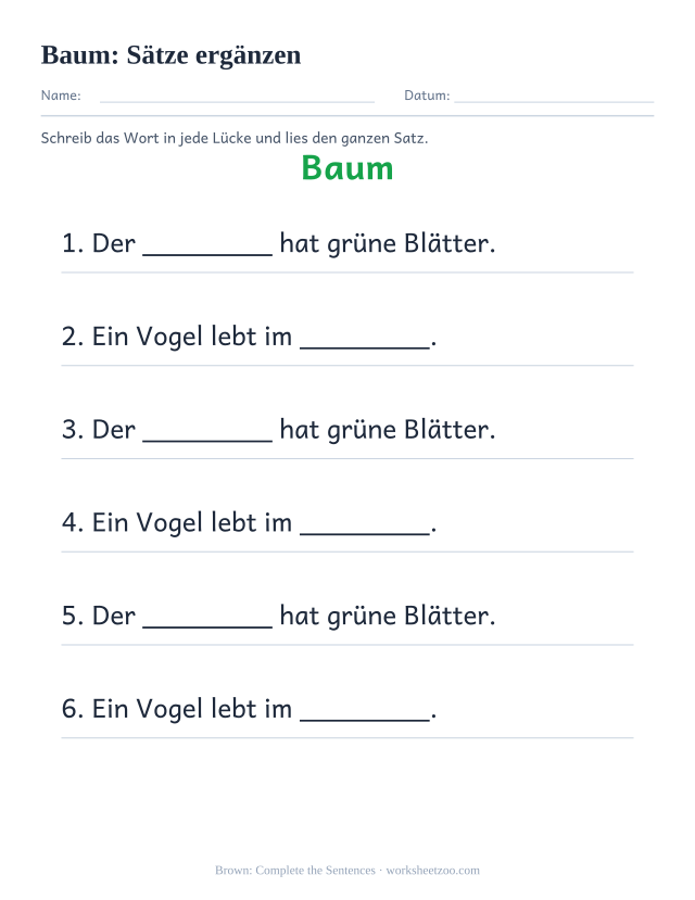 Vorschau: häufiges Wort „Baum“, Sätze ergänzen
