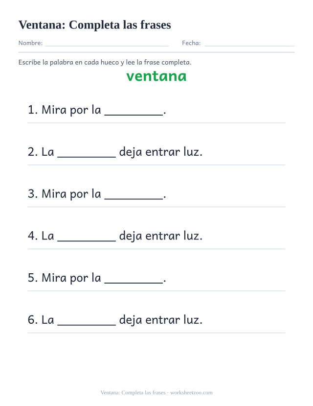 Ficha de la palabra frecuente «ventana», completa las frases para imprimir