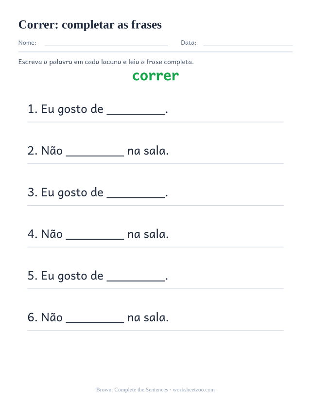 Prévia da palavra frequente “correr”, completar as frases
