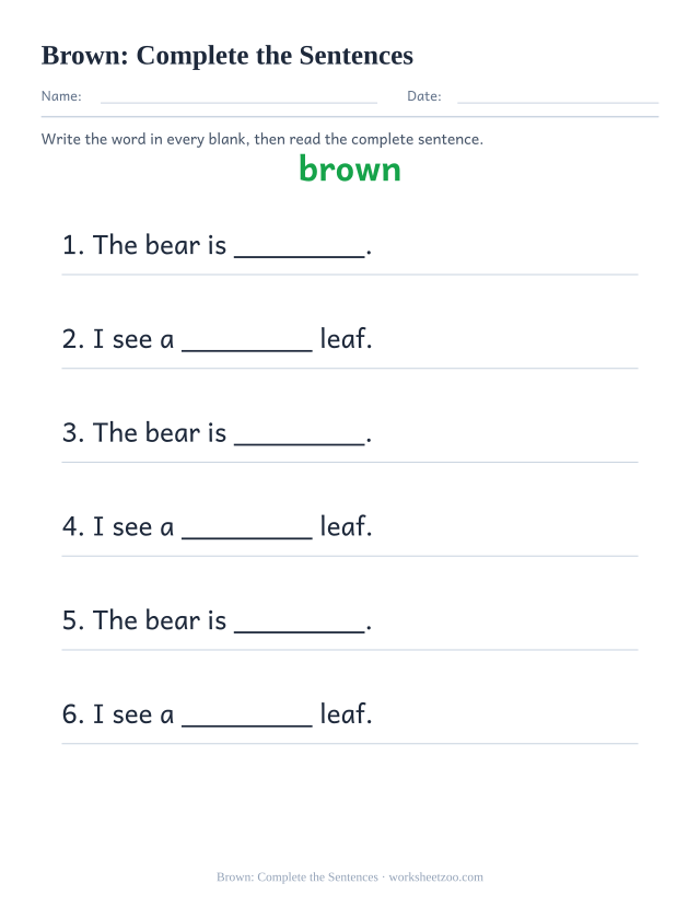 Sight word “brown” worksheet, complete the sentences printable activity