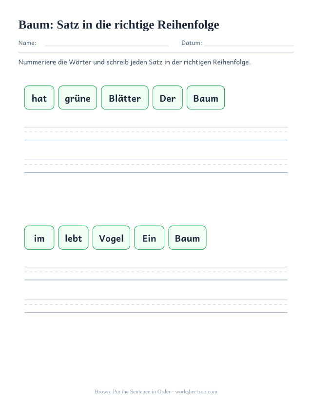 Vorschau: häufiges Wort „Baum“, Satz in die richtige Reihenfolge