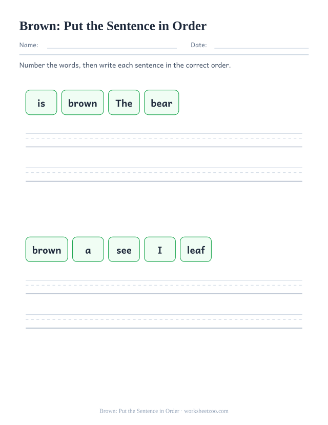 Sight word “brown” worksheet, put the sentence in order printable activity