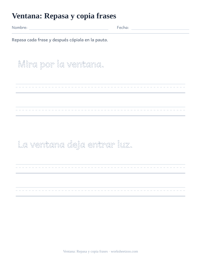 Ficha de la palabra frecuente «ventana», repasa y copia frases para imprimir