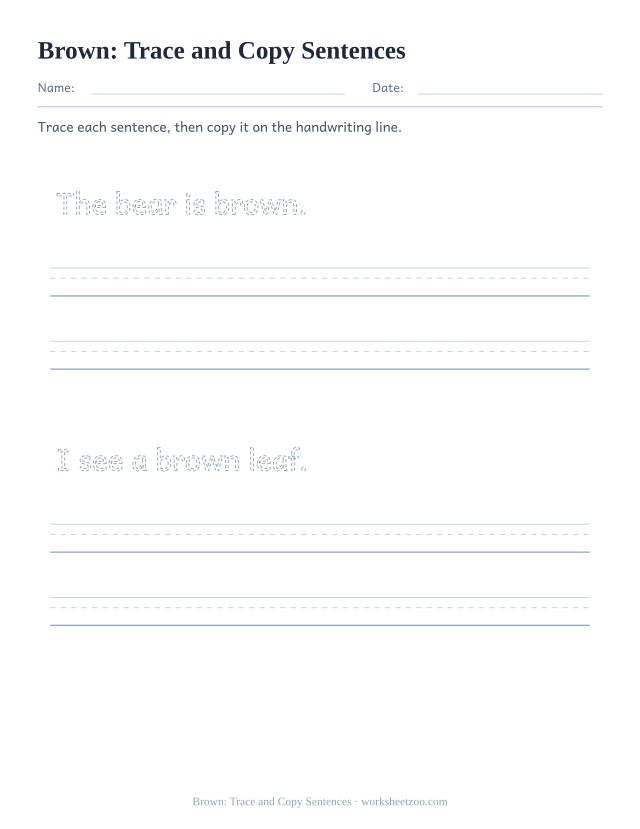 Sight word “brown” worksheet, trace and copy sentences printable activity