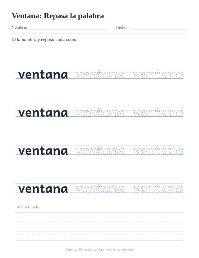 Ficha de la palabra frecuente «ventana», repasa la palabra para imprimir