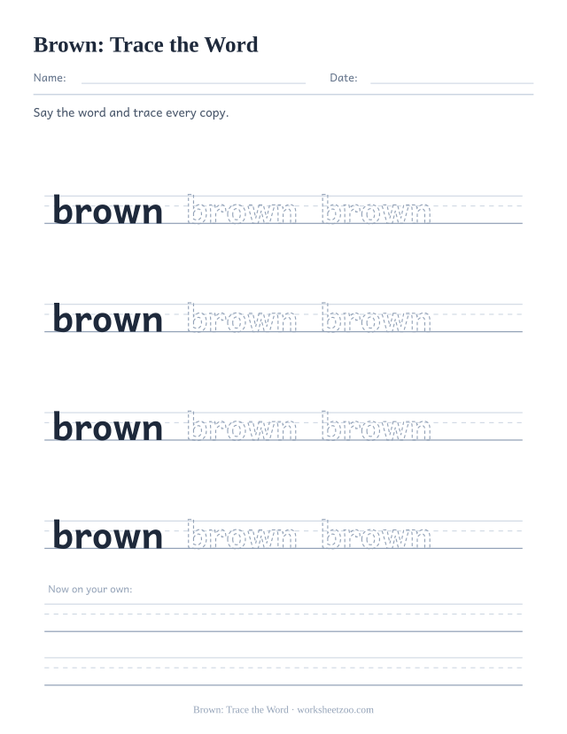 Sight word “brown” worksheet, trace the word printable activity