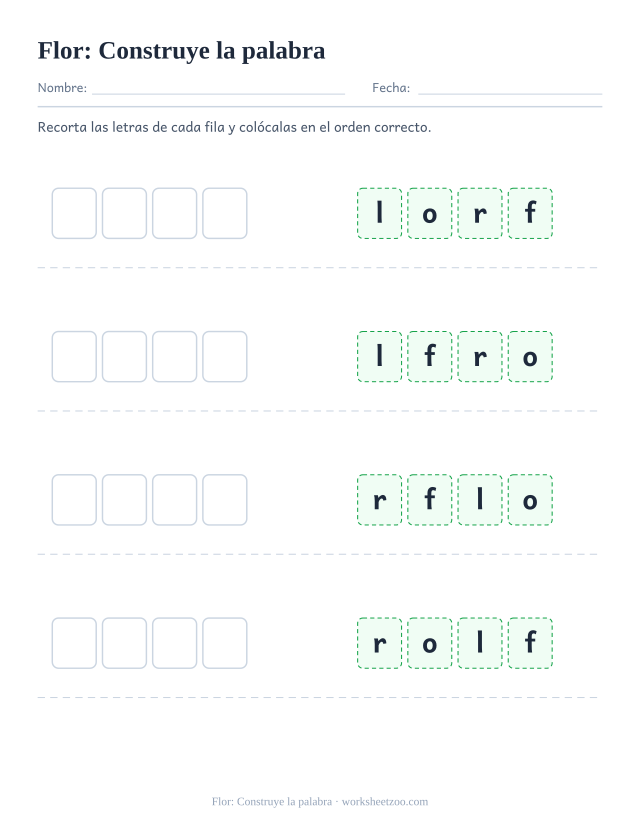Ficha de la palabra frecuente «flor», construye la palabra para imprimir