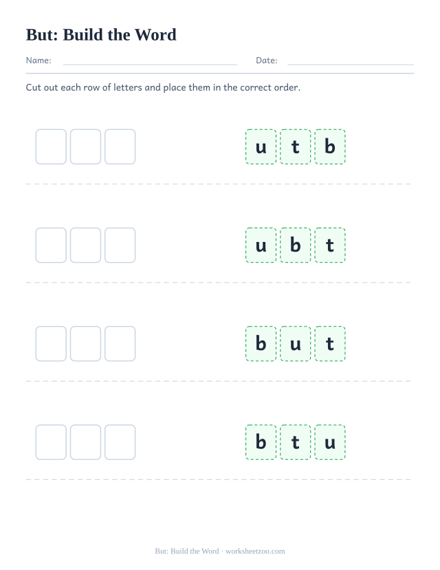 Sight word “but” worksheet, build the word printable activity